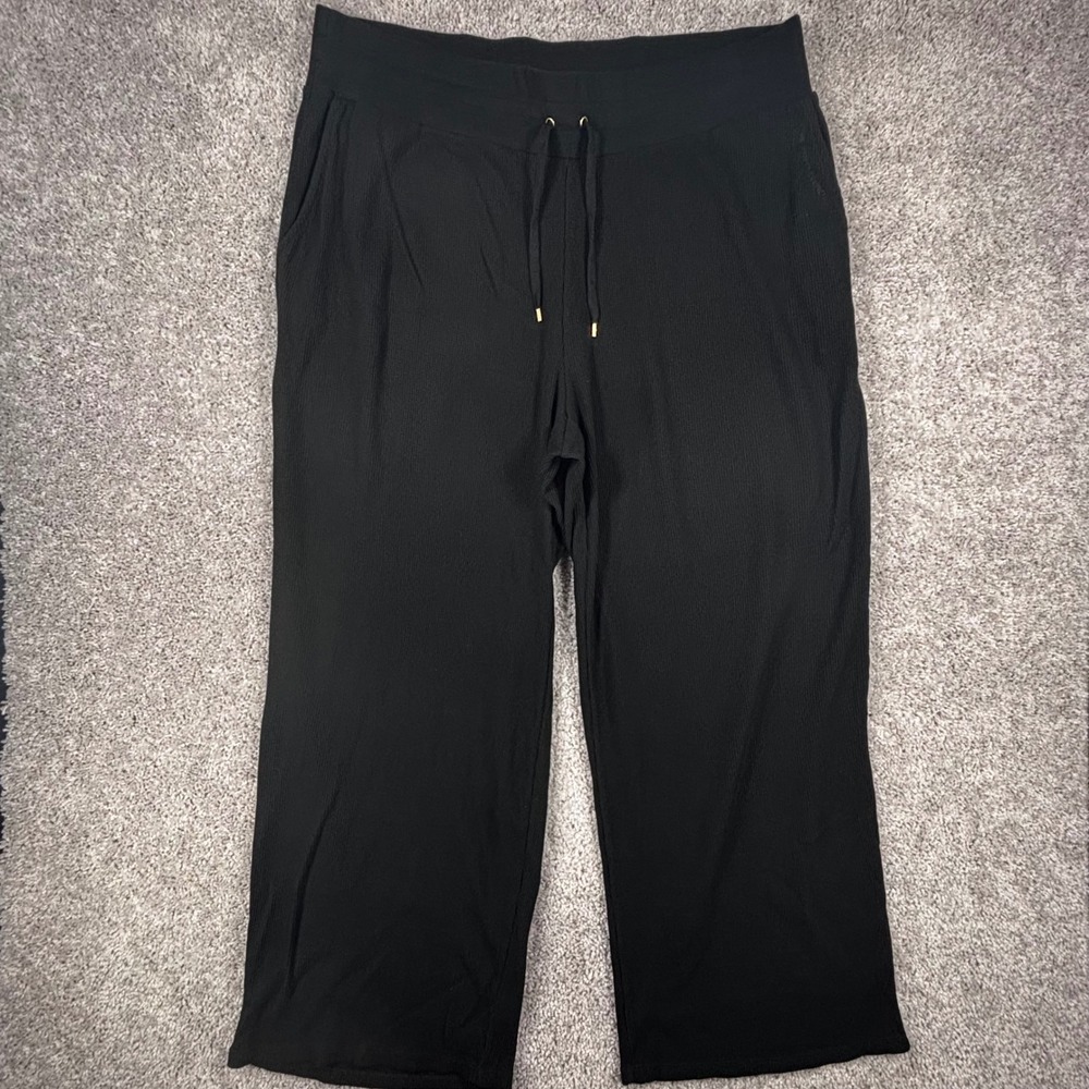 Lauren Ralph Lauren Womens 2X Black Waffle Knit Wide Leg Lounge Pants Drawstring